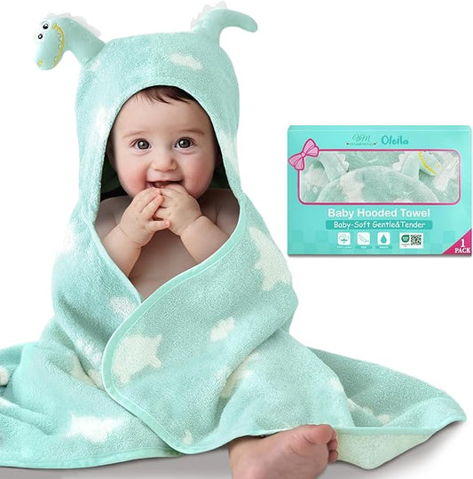 VOOVA & MOVAS Mint Dinosaur Baby Hooded Towel – 100% Cotton, 420GSM, Super Absorbent – 30.5" x 36", for 0–18 Months – Thick Large Bath Towel for Newborn, Infant, Toddler, Baby Essentials
