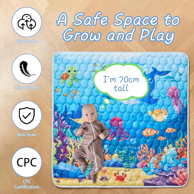 Baby Play Mat, 50" X 50" Playpen Mat Premium Foam Baby Floor Play Mats, Foldable Thick One-Piece Crawling Mat, Non-Slip Cushioned Baby Playmat for Infants,Babies,Toddlers (Blue)