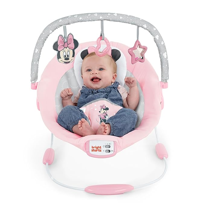 Bright Starts Disney Baby Minnie Mouse Comfy Baby Bouncer Soothing Vibrations Infant Seat - Music, Removable -Toy Bar, 0-6 Months Up to 20 lbs (Rosy Skies)