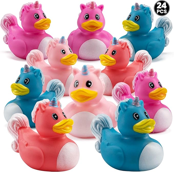 Mini Unicorn Rubber Duckies (Pack of 24) Assorted 2 Inch Duckies, Squirt Bath Tub Toy for Kids, Squeezable and Squirtable, Great for Birthday Party's, Fillers, and Decorations