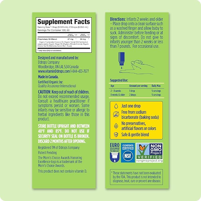 Ddrops Baby Tummy Relief Liquid Drops, Organic Gripe Water for Newborns, Relief from Gas, Colic, Fussiness and Hiccups, Just One Drop, Herbal Ingredients, 120 Drops