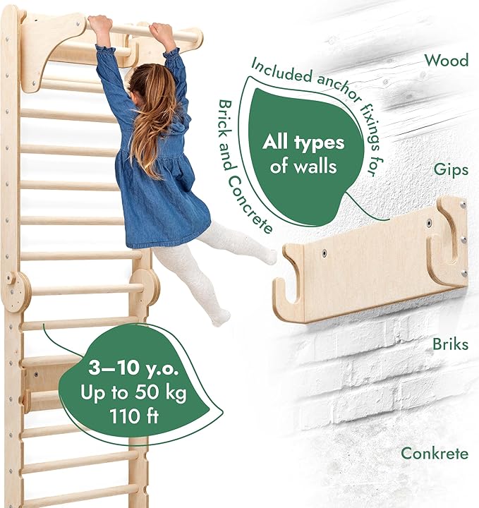 6-in-1 Indoor Playground for Kids – Wooden Swedish Wall, Climbing Ladder, Slide, Swing, Gymnastics Rings, Rock Climbing Wall – Jungle Gym Play Set for Ages 2-12