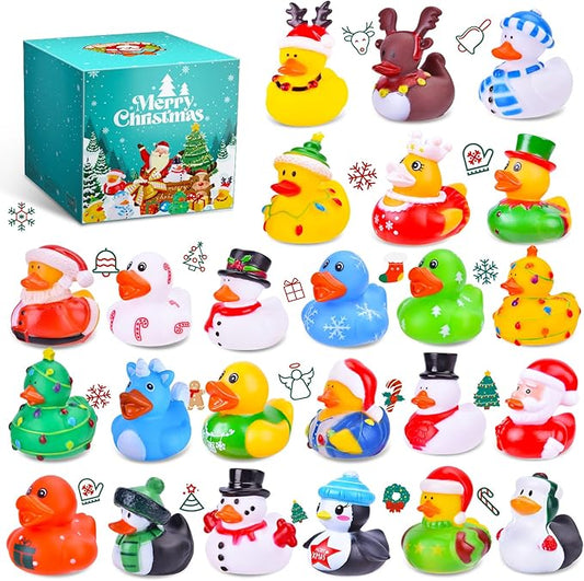 24 Pack Christmas Rubber Ducks, 2 Inch Bulk Car Ducking Set Small Xmas Bath Toys for Kids Toddlers Boys Girls Cute Duckies Party Favors Stocking Stuffers Classroom Prizes Pool Table Decor