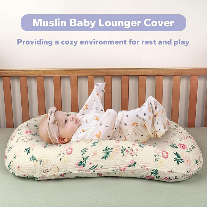 FUNUPUP Muslin Baby Lounger Cover Compatible with Snuggle Me Lounger, Infant Lounger Pillow Cover for Newborn, Removable Newborn Lounger Cover for Boys and Girls, Only Cover, Pink Flower