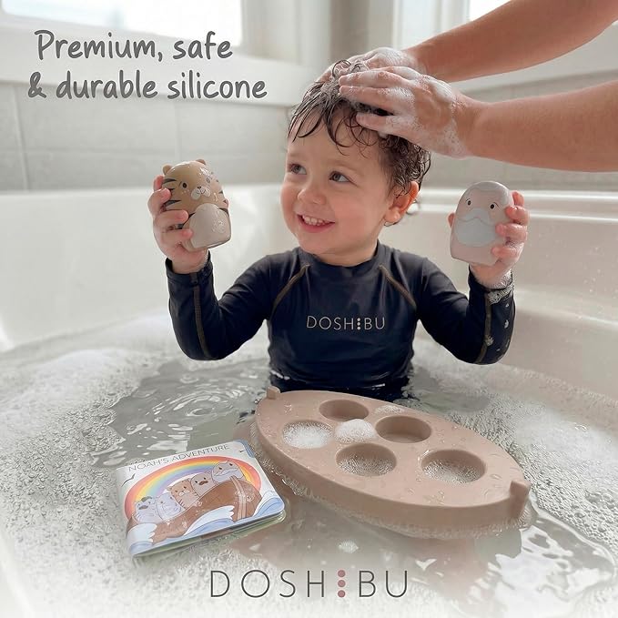 Noah's Ark Silicone Floating Bath Toy Set for Toddlers 18M+ Includes 7 Pieces Boat Animals and Waterproof Bible Storybook Educational Sensory Learning Nordic Color Design Montessori Faith Play