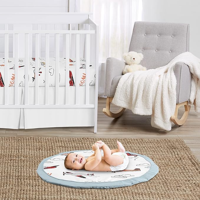 Sweet Jojo Designs Vintage Airplane Boy Baby Playmat Tummy Time Infant Play Mat - Grey Yellow Orange Red White and Blue Airplanes Air Plane Transportation Clouds Sun Sky Aviator Aviation