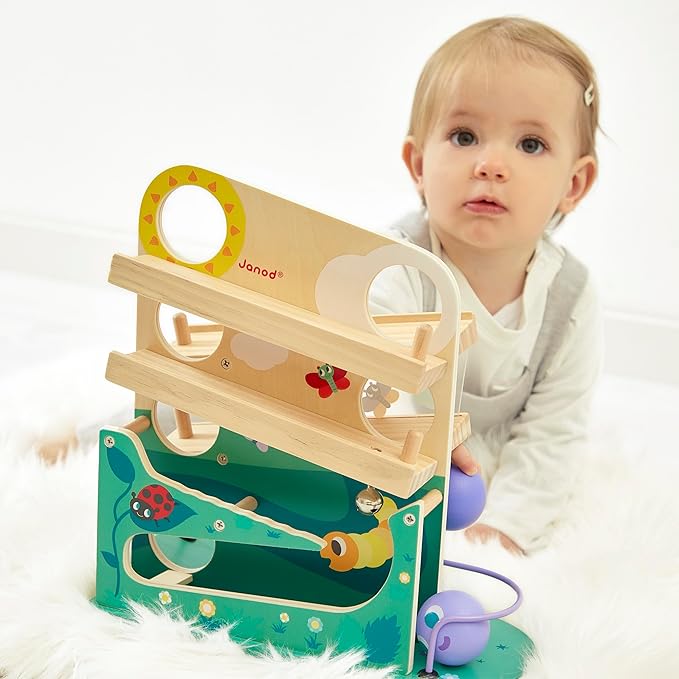 Janod - Wooden Caterpillar Ball Track 11.3x4.7x12 - Motor Skills Development - Boosts Imagination - Encourages Creative Play and Cognitive Growth - Safe Quality Materials