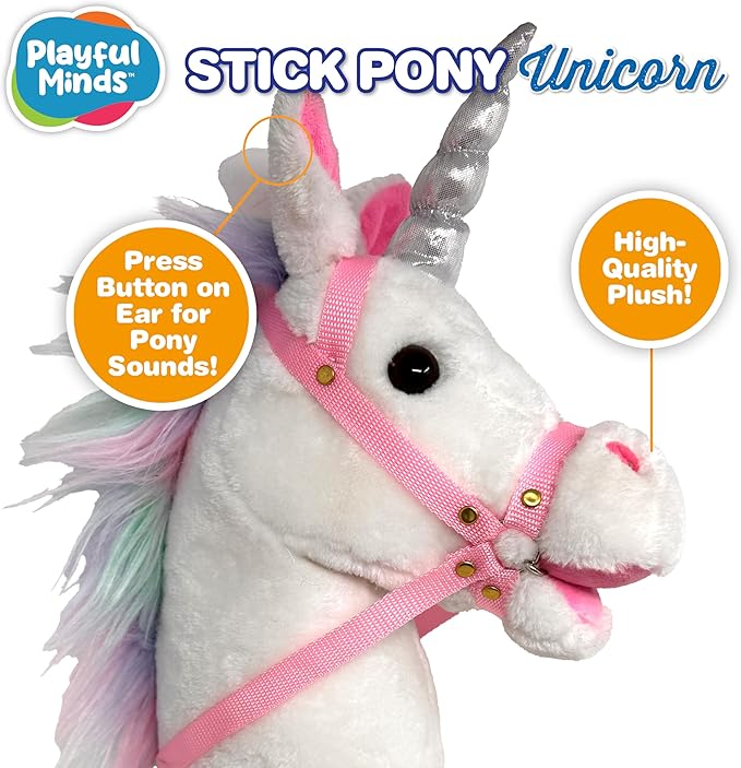 Playful Minds Stick Horse | Plush Handcrafted Hobby Horse Stick Pony Provides Fun Pretend Play for Toddlers & Preschoolers | Handsewn, Sturdy Wood, and Sound Effects (Unicorn)