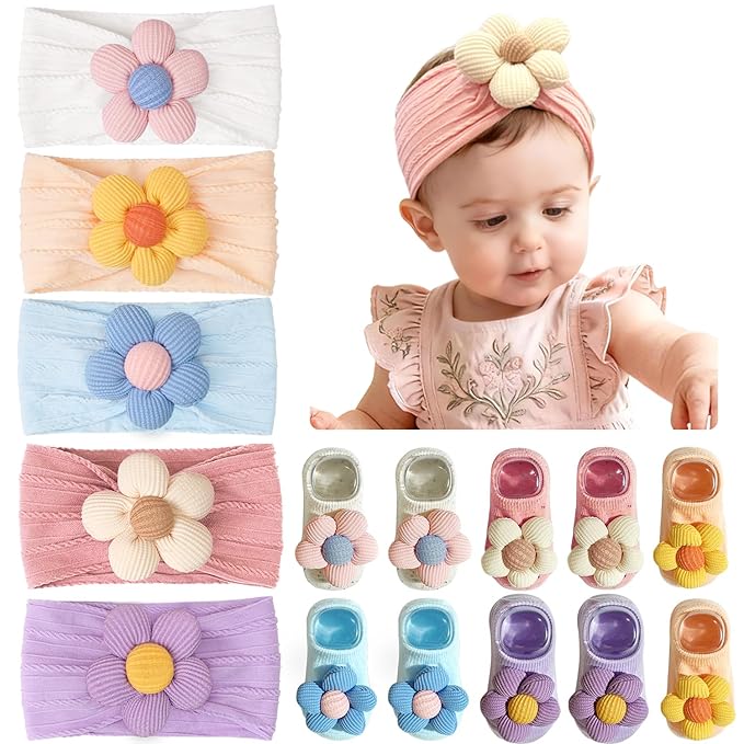 JOYOYO 5 Colors Baby Flower Headbands and Socks Baby Girls Nylon Headband Soft Hairbands Hair Accessories for Newborn Infant Toddler Kids