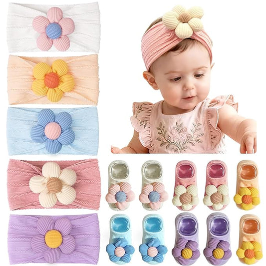 JOYOYO 5 Colors Baby Flower Headbands and Socks Baby Girls Nylon Headband Soft Hairbands Hair Accessories for Newborn Infant Toddler Kids