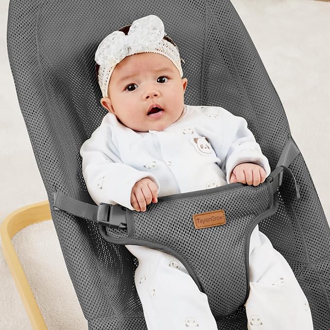 Foldable Baby Bouncer, 3-Height Adjustable, Portable Newborn Rocker, Ergonomic Bouncer Seat for 0-6 Months, Breathable Mesh (Grey)