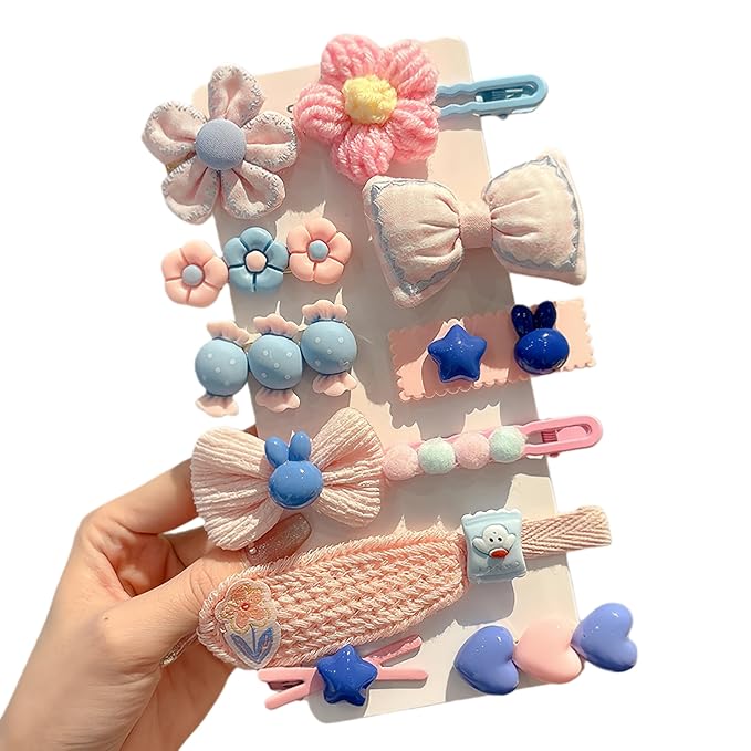 (12 Pcs) Super Cute Lovely Warm Autumn Winter Spring Theme Kid's Hairpin Flower Floral Bear Bowknot Hair Clips Hair Decoration Women Girls Salon Hairstyle Hairdressing Grip -Pink 2