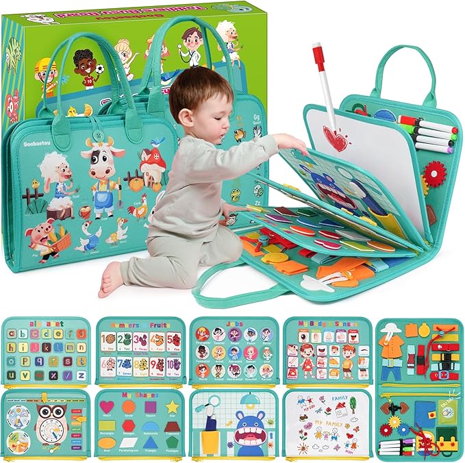 Montessori Busy Board - Sensory Learning Toys for Toddlers 3-6 Years-10 Pages-32 Activities, Airplane Car Travel Educational Toys for Autism, 3 Years Boy Birthday Gift (Cyan)
