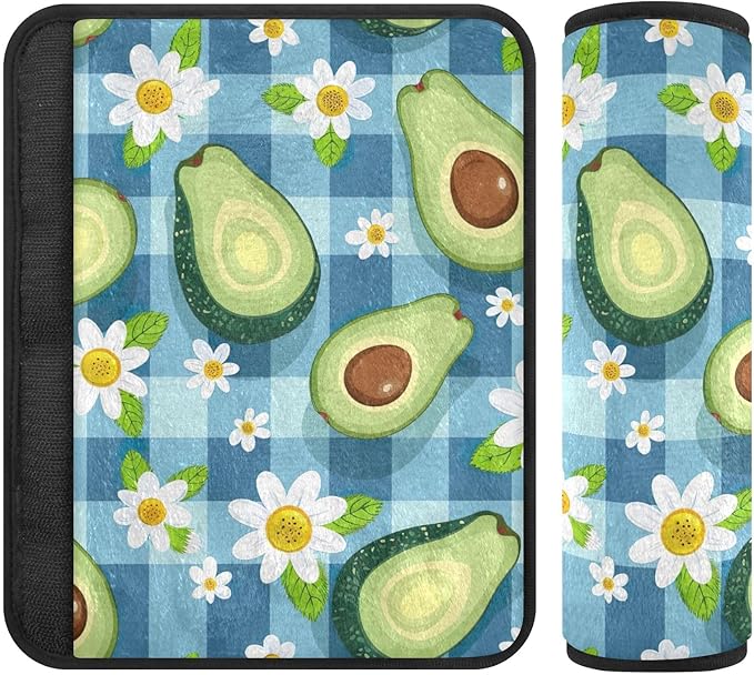 Cute Avocados Daisies Blue Checkered Seat Belt Covers Soft Seat Belt Strap Cover Pack of 2 Shoulder Strap Pad Protect Your Neck and Shoulder