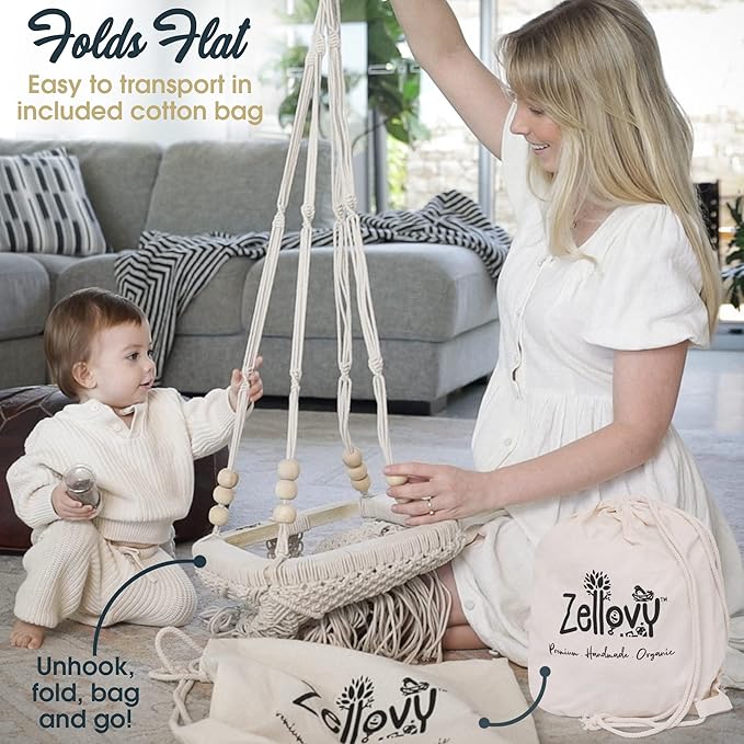 Organic Macrame Baby Swing Chair with Cushion & Portable Canvas Backpack | Boho Baby Swing Outdoor Indoor Infants & Toddler | Hanging Rope Baby Gift | Handmade Crochet Hammock Swing
