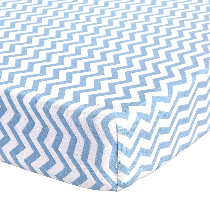 Pack n Play Fitted Sheet – Super Soft, 100% Natural Jersey Cotton – 27” x 39” – for Boys and Girls, Fits Pack n Play, Playard and Foldable Mattresses - Covered Elastic Hem – Zigzag Blue