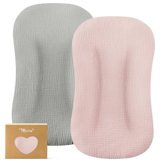 TILLYOU Muslin Baby Lounger Cover, 100% Cotton Newborn Lounger Cover, 2 Pack Baby Nest Slipcover for Boys Girls, Cover Only, Grey and Pink