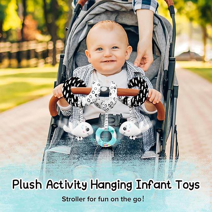GKDOMS Baby Spiral Hanging Stroller and Car Seat Toys Black and White High Contrast Sensory Toy Newborn Plush Activity Toys Party Favors Quality Gifts for Baby Shower-Whale