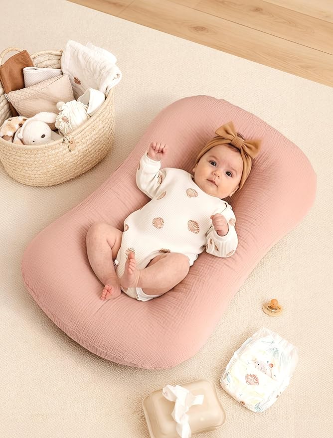 Termichy Baby Lounger Covers Muslin: Soft and Breathable Slipcover for Snuggle Me Lounger - Machine Washable & Zipper-Free for Safe Daily Use - Pink Floral for Girls