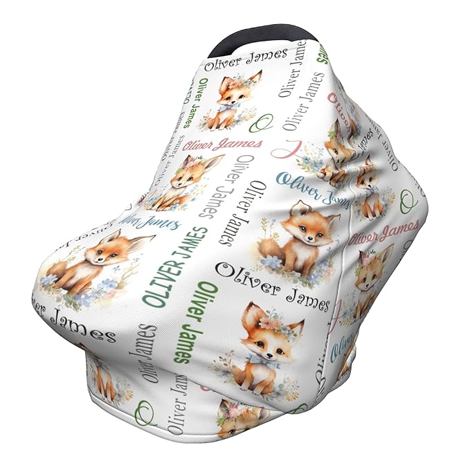 Personalized Baby Car Seat Covers for Babies, Custom Fox Nursing Breastfeeding Carseat Canopy with Name, Infant Stroller Covers for Newborn Girls Boys, Breathable Carseat Cover