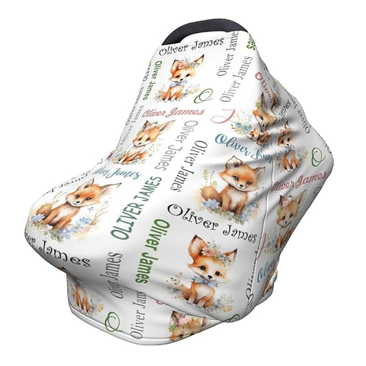 Personalized Baby Car Seat Covers for Babies, Custom Fox Nursing Breastfeeding Carseat Canopy with Name, Infant Stroller Covers for Newborn Girls Boys, Breathable Carseat Cover