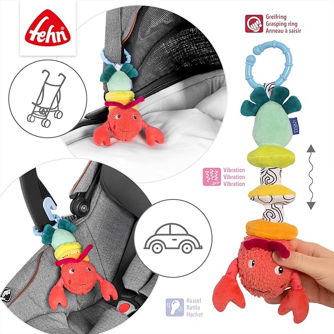 Fehn Lobster with Vibration, Motor Skill Toy for Hanging Pram, Cot and Baby Seat, for Bite, Grasping and Sound Production, Toy for Babies and Children from 3 Months