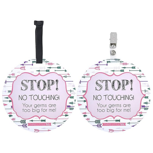Three Little Tots Two Pack - Pink Arrow No Touhing Baby Car Seat and Stroller Signs - CPSIA Safety Tested