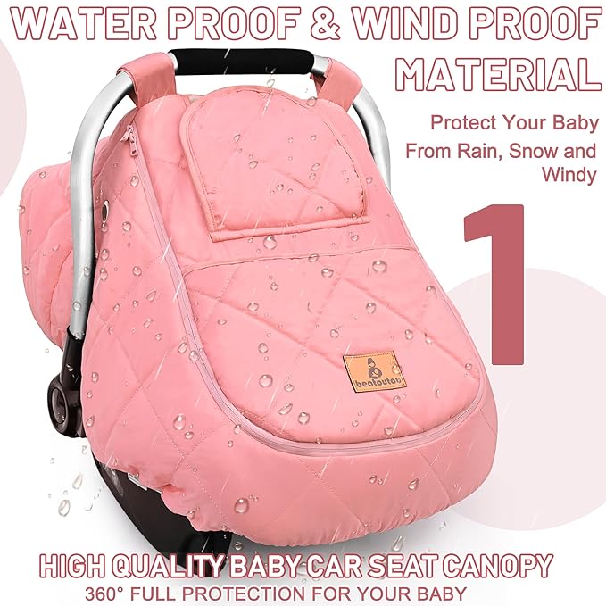 beatoutou Winter Baby Car Seat Cover, Waterproof Winter Infant Carseat Canopy for Girls, Cold Weather Warm Car Seat Covers for Babies, Keeps Babies Warm and Cozy (Pink)