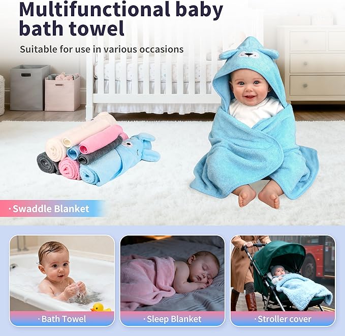 HBHLFZ 4-Pack Baby Bath Towels,Set of 2 Hooded Baby Bath Towels and 2 Baby Face Towels, Super Soft,Highly Absorbent,31.5x31.5inch,Suitable for Newborns,Toddlers and Children,Unisex（Kitten, Dog