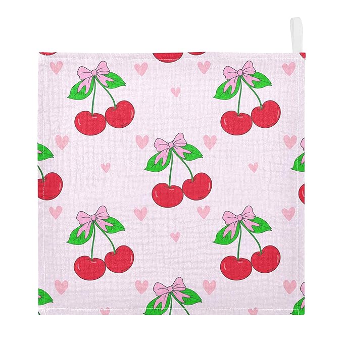 Cherry with Bows Baby Washcloths 5 Pack, Cotton Muslin Washcloth Soft for Sensitive Skin, Newborn Girls Boys Shower Gift, 12x12 in