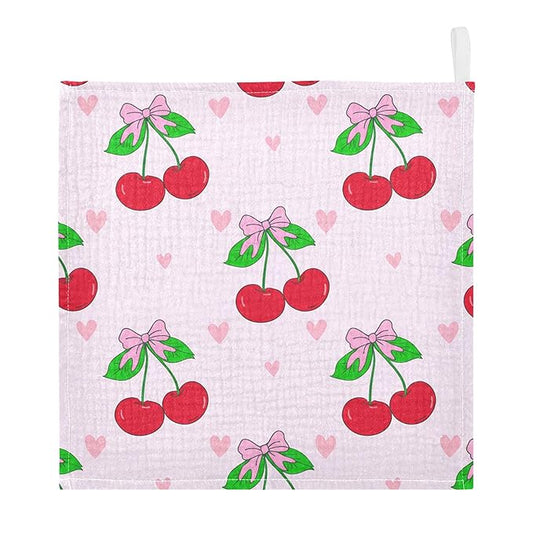 Cherry with Bows Baby Washcloths 5 Pack, Cotton Muslin Washcloth Soft for Sensitive Skin, Newborn Girls Boys Shower Gift, 12x12 in