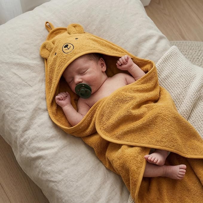 Hooded Baby Towels - 100% Organic Cotton Baby Bath Towels for Baby Boy, Baby Girl, 32" x 32" Super-Soft and Absorbent Baby Towels for Newborn (Bear - Autumn Yellow)