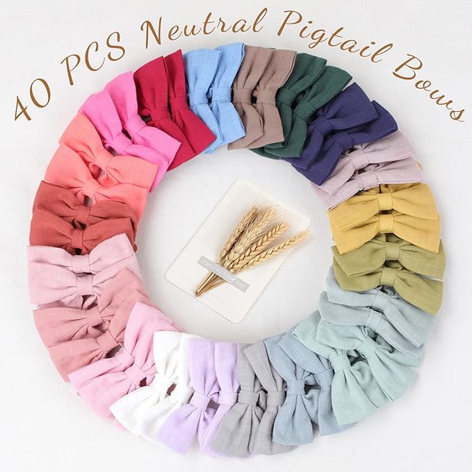 OAOLEER Hair Clip, 40Pcs 3.5Inch Hair Bows for Toddler Girls, Linen Neutral Pigtail Bows Accessories in 20 Colors