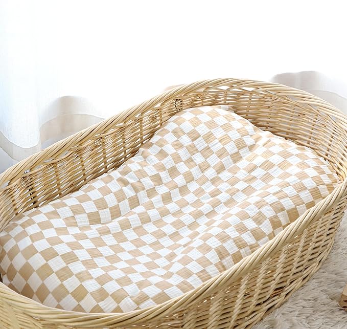 DILIMI Baby Lounger Covers, 2 Pack Muslin Newborn Lounger Cover, Soft Comfortable Removable Infant Pillow Slipcover for Girl and Boy, Beige & Brown Checkered (Lounger not Included)