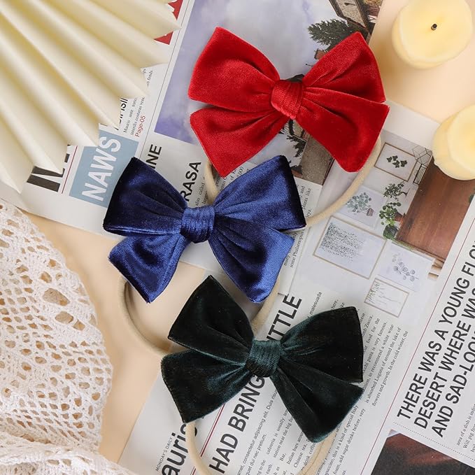 Baby Girls 4" Velvet Hairband Handmade Tied Bow Elastic Nylon Hair Accessories, 3 Pcs Red, Green, Dark Green