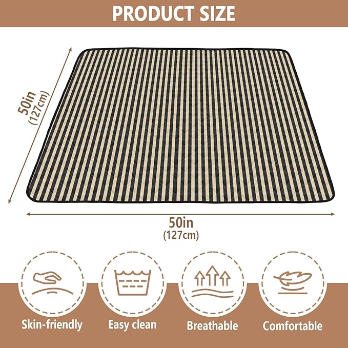 Stripes Khaki Black Baby Play Mat for Floor 50" X 50" Foldable Waterproof Non-Slip Playmat for Baby Playpen Quilted Crawling Mats Game Rug