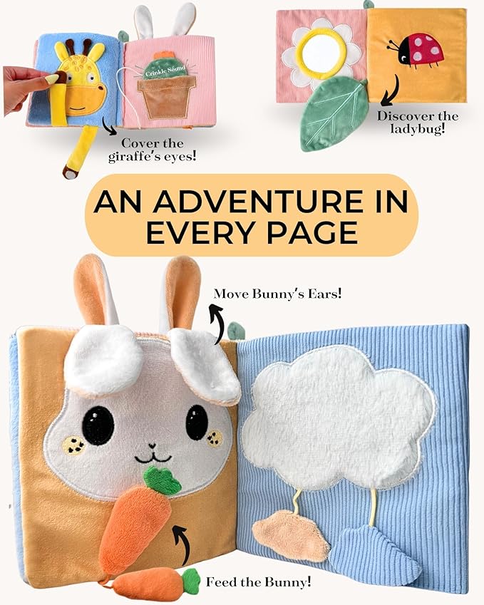 Cute Soft Baby Book with Mirror, Activities, Touch and Feel & Crinkle Pages - Interactive Sensory Cloth Toy for Babies 0-6, 6-12 & 12-18 Months - Adorable Animal Themes for Early Development
