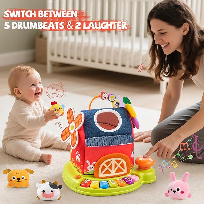Vanvimen Musical Baby Toys 6-12 Months, Surprise Barn with 7 PCS Stuffed Farm Animals, 4 Mode Sound and LED Lights, Montessori Sensory Toys for 6 12 Months, Ideals 6 7 8 9 Month Old Baby Gifts Toy