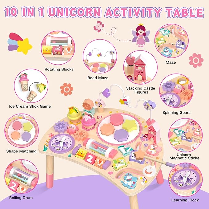 Wooden Activity Table for Toddlers 1-3, Unicorn 10-in-1 Montessori Busy Board with Bead Maze Shape Matching Gears Clock, Sensory Learning Toys for 1 2 3 Year Old Girls Boys Birthday Gift