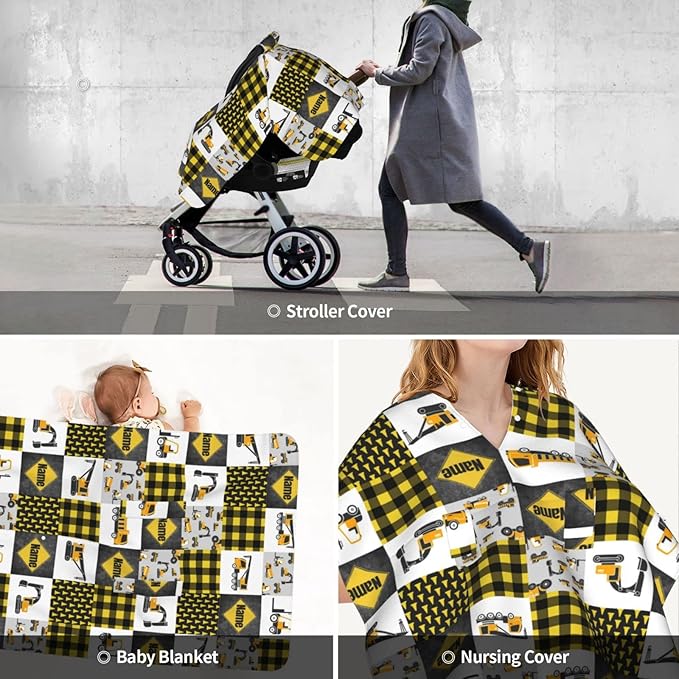 Personalized Constructions Baby Car Seat Canopy for Babies with Name, Custom Trucks Car Seat Covers for Boys, Peekaboo Opening Minky Nursing Cover Infant Car Seat Canopies for Newborn