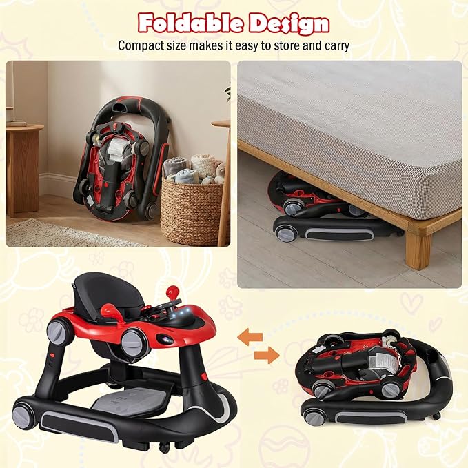 HONEY JOY Baby Walker, 7-in-1 Foldable Baby Bouncer and Rocker Combo, Infant Activity Center w/Canopy, Wheels, Adjustable Height/Speed, Music, Lights, Walker for Baby Boy Girl 7-18 Months (Red)
