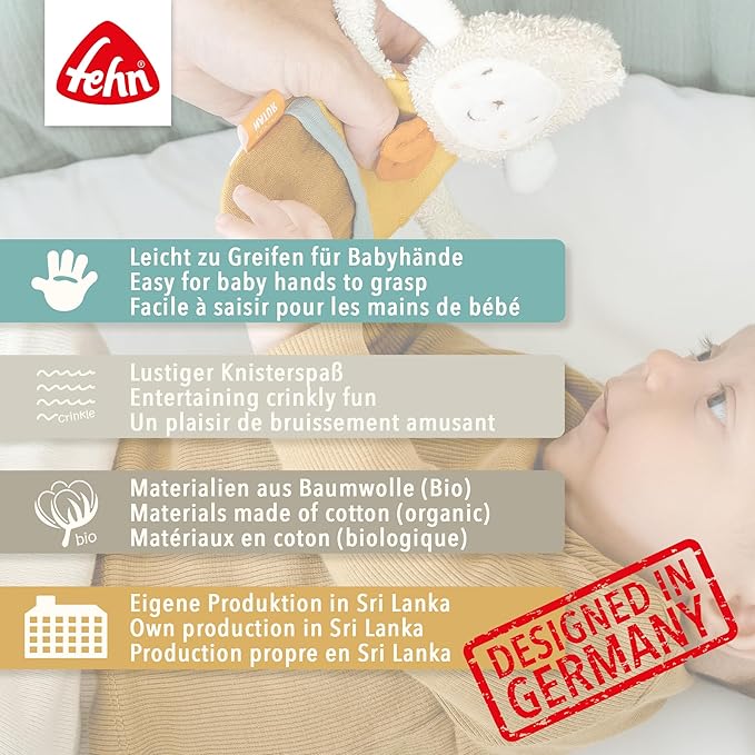 Fehn fehnNATUR rustling sheep - Activity Soft Toy for Grasping and Playing - Motor Skills Toys & Rustling Toys for Babies and Young Children from 0+ Months