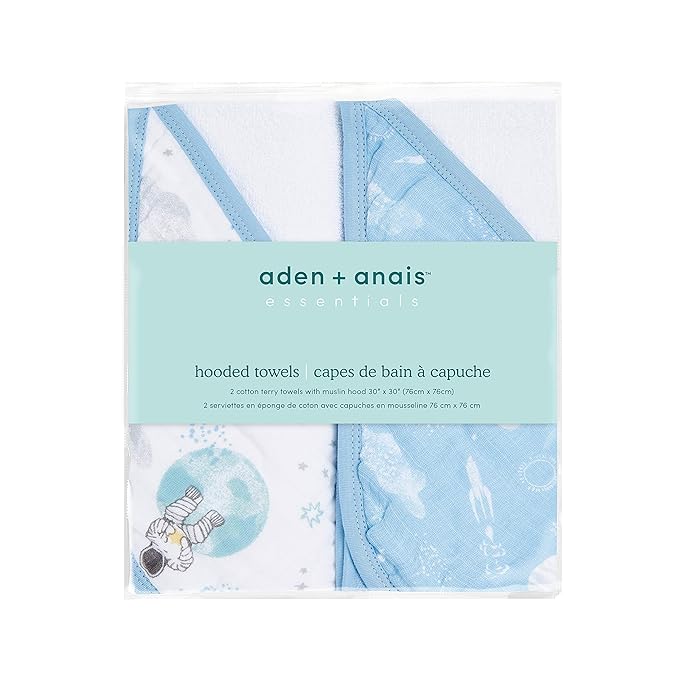 aden + anais Essentials Hooded Baby Bath Towel, Super Soft 100% Cotton, 2 Pack, Space Explorers