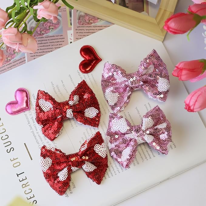 Valentines Red Sequin Hair Bows for Girls Pink Sparkly Alligator Clips Pink Love Heart Glitter Valentine's Day Hair Accessories for Little Teen Toddler Girls Kids Gift