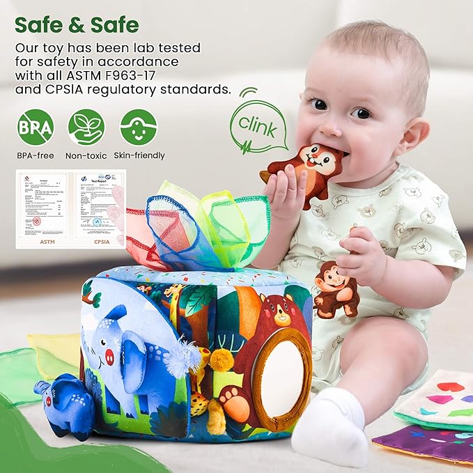 Baby Toys 6-12 Months - Baby Tissue Box Toy for 6 9 12 18 Months Old Montessori Sensory Toys for 1 Year Old Boy Infant Scarf Toy with Crinkle Tissues & Fine Motor Easter Basket Stuffers