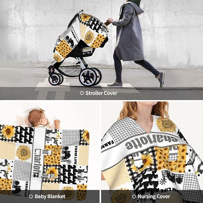 Personalized Baby Car Seat Canopy for Babies with Name, Custom Car Seat Covers for Boys Girls, Infant Opening Minky Nursing Breastfeeding Stroller Cover Carseat Canopies for Newborn (Farm Cow)