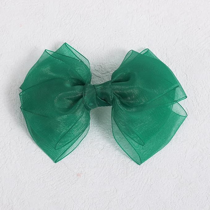 Hunter Green Mesh Ribbon Hair Bow Clips 4-Inch Organza Double Bow Alligator Hair Pins Barrettes Spring Summer Christmas Holiday Dress Decor Accessory for Teens Toddler Girls Child