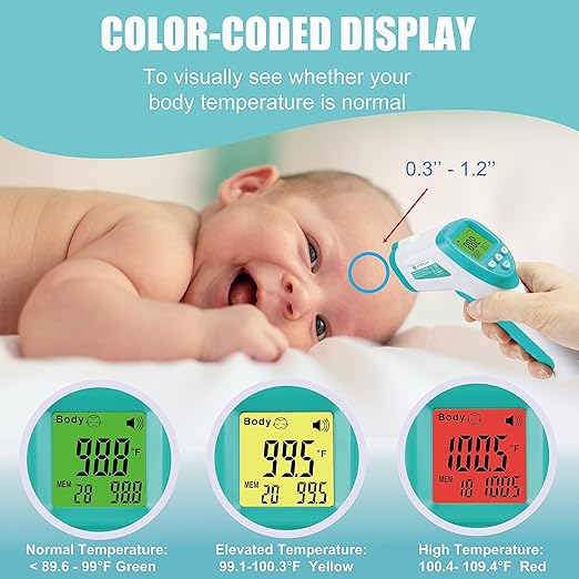 Amplim No-Touch Forehead Thermometer for Adults, Kids, and Infants: Digital Temporal Touchless Medical Grade Thermometer with LCD Display, Registry Must Have for Body Fever Temperatures, Blue