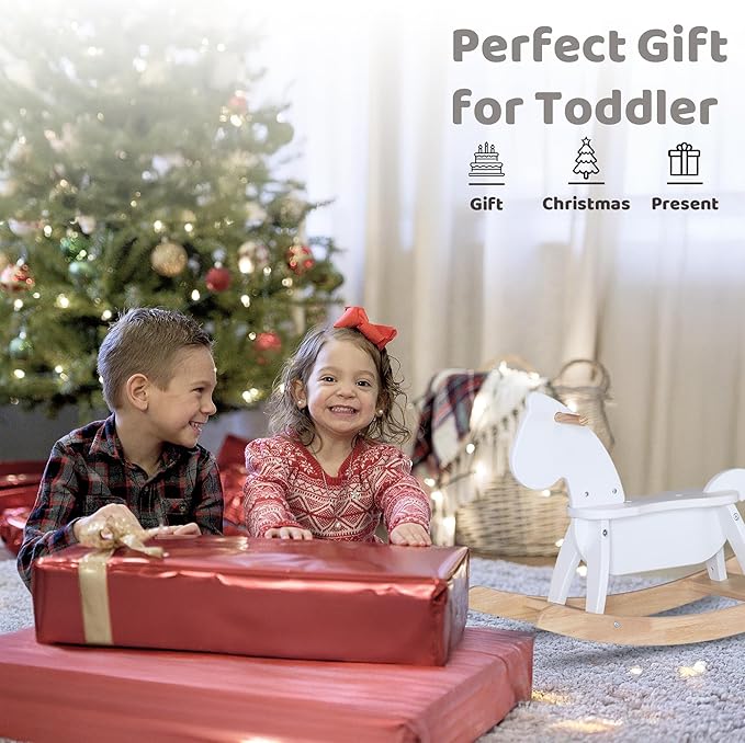 White Wooden Rocking Horse Funny for Toddlers (Ages 2-4) - Solid Rubber Wood, Smooth Surface for Creative Decoration, Minimalist Rocking Horse, Vintage