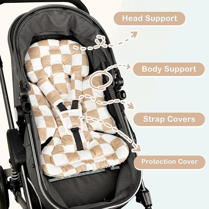 DILIMI Infant Car Seat Insert, Baby Car Seat Head Support with 3 Strap Paddings, Soft Newborn Car Seat Cushion for Stroller, Swing, Bouncers, Brown Checkered